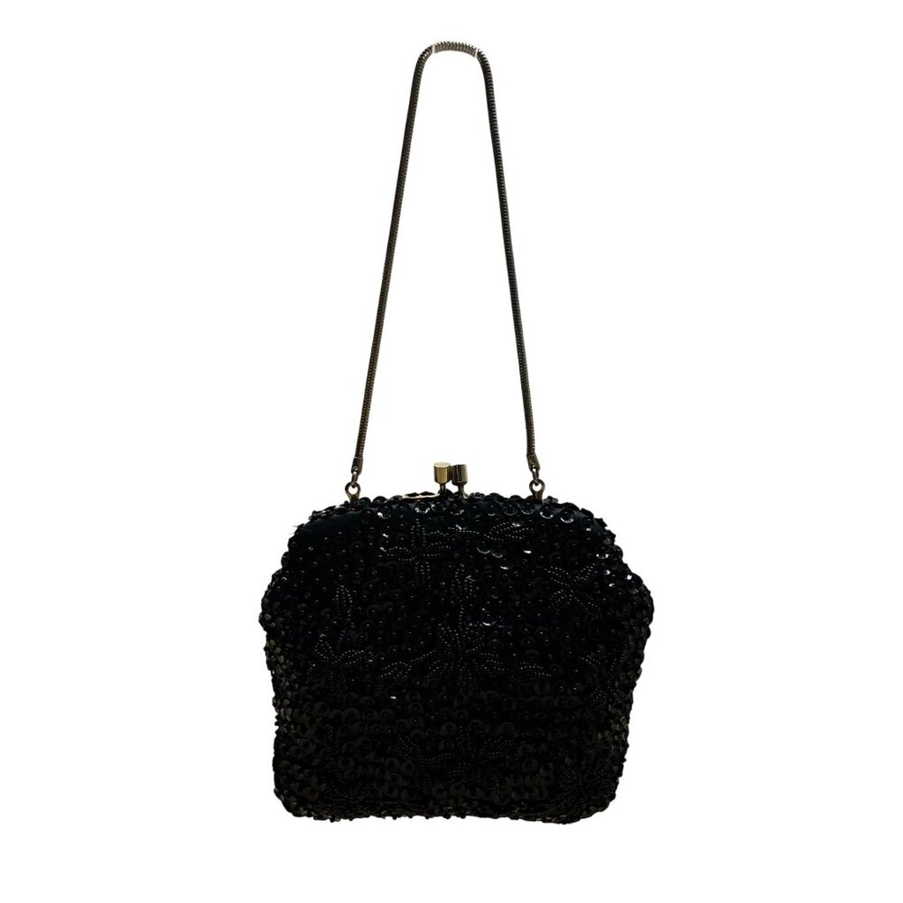 Unbranded Vintage Black Sequin Beaded Metal Frame & Chain Strap Evening Purse